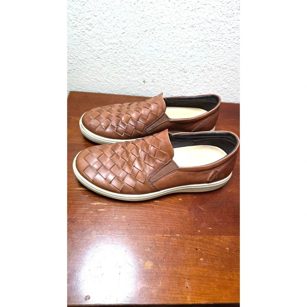 Ecco‎ Men Brown Leather Woven Boho Vacations Beach Slip-On Shoes Size 41 EU
